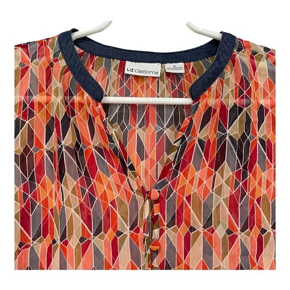 Liz Claiborne Shirt Blouse Top Semi Sheer Orange Denim Geometric Size S - Picture 2 of 6